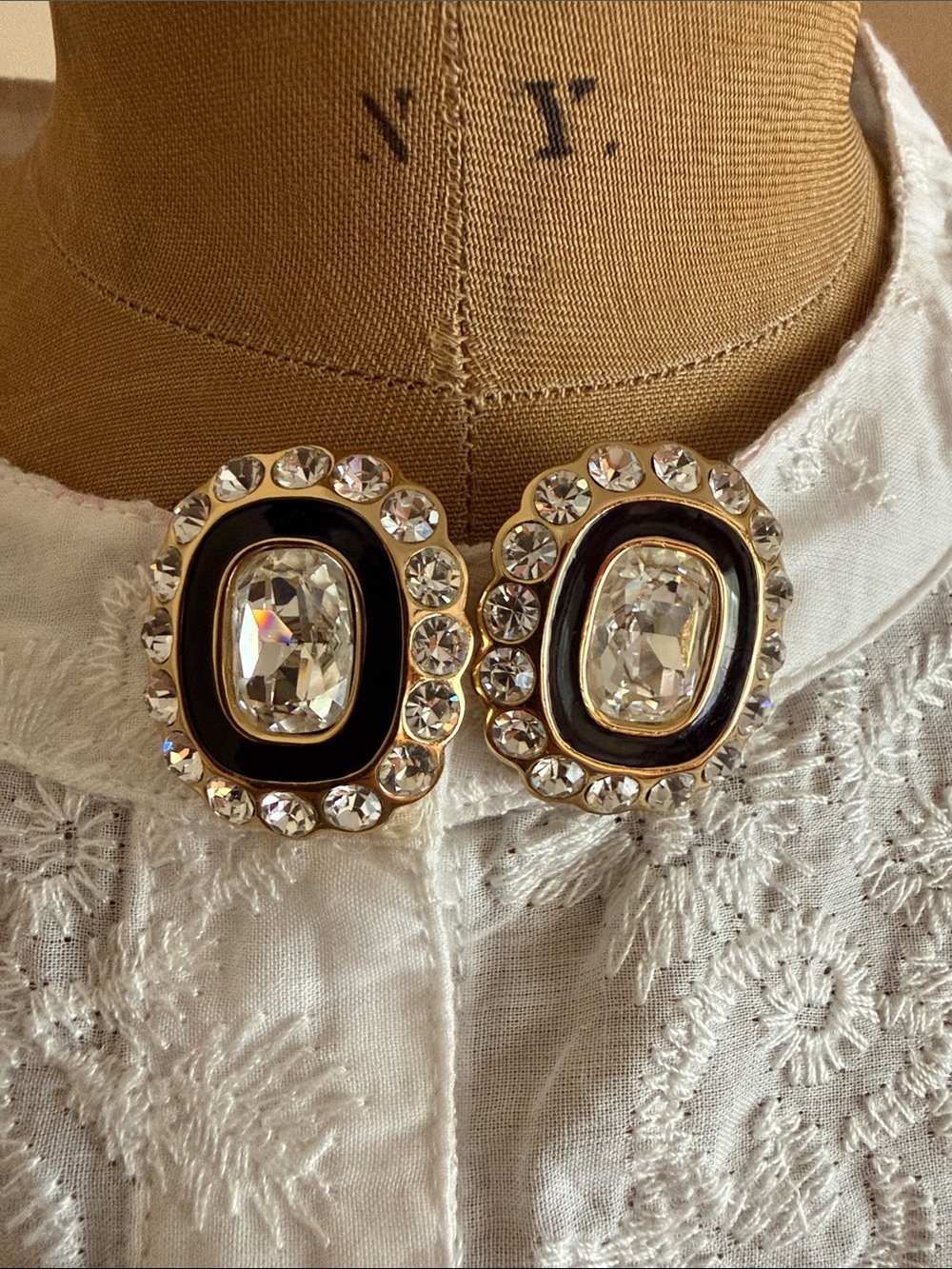Vintage Christian Dior Crystal Black Enamel Clip On Earrings